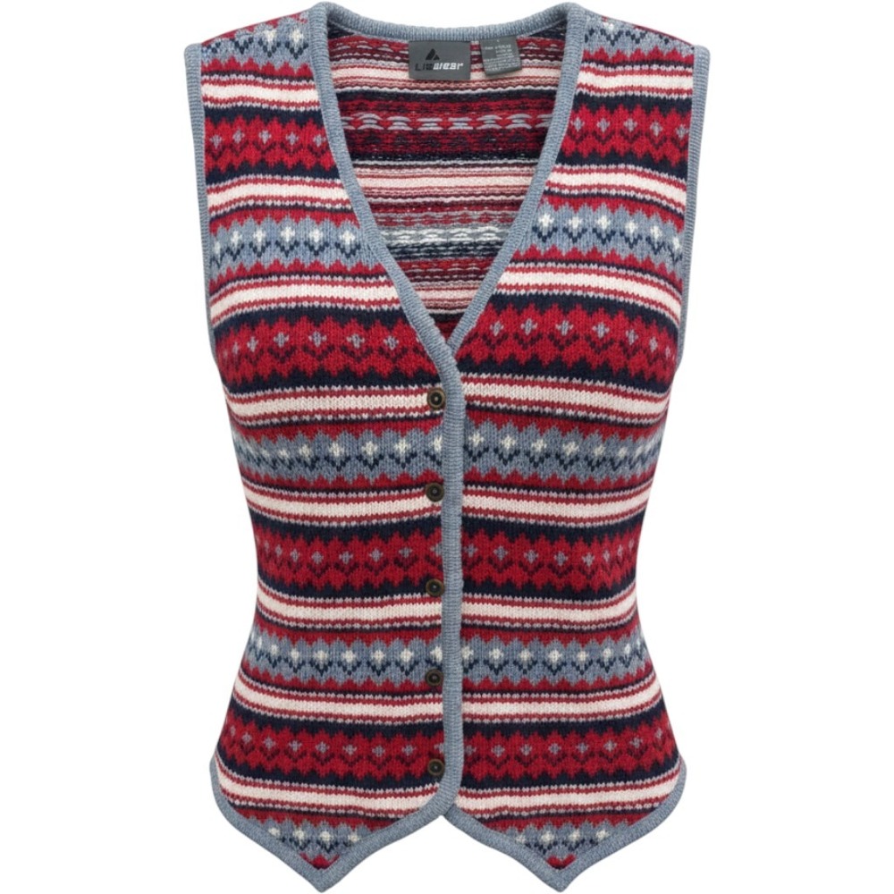 Lizwear Fair Isle Sweater Vest Size Small Red Blue Cotton Knit Button Front
